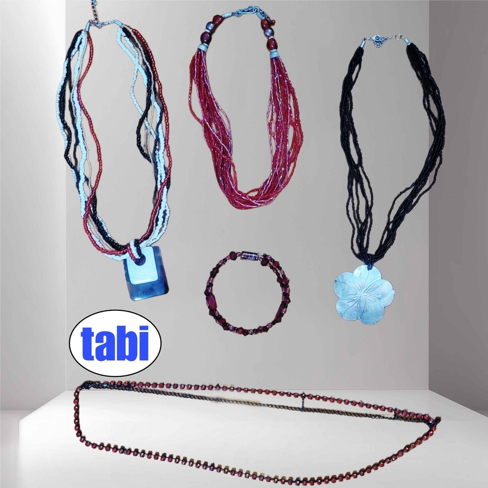 multi-strand necklaces, a choker/bracelet/anklet, and a belly/neck chain